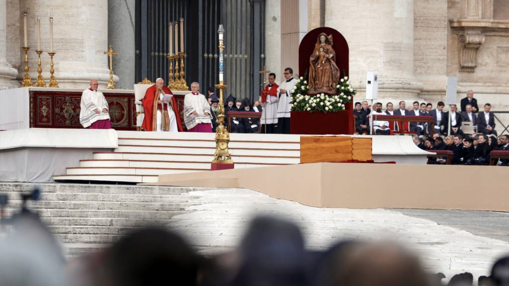 Pope Francis presides over the funeral ceremonies of former Pope Benedict in St. Peter's Square at the Vatican, January 5, 2023.