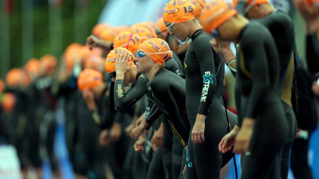 Athletes prepare for the start of the Elite Women's World Triathlon Grand Final London