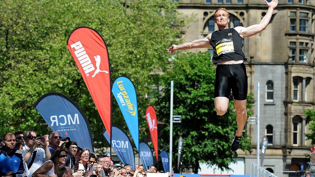 Greg Rutherford in action during the long jump of the 2014 Great City Games