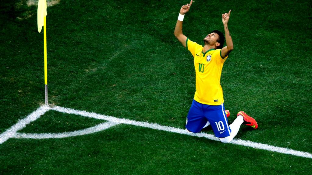 Neymar celebrates scoring for Brazil in their World Cup opener against Croatia