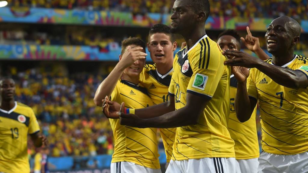 Jackson Martinez of Colombia celebrates scoring his side's second goal against Japan