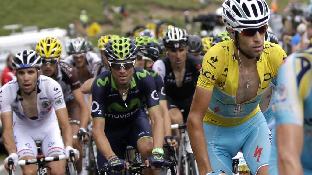Italy's Vincenzo Nibali, wearing the overall leader's yellow jersey