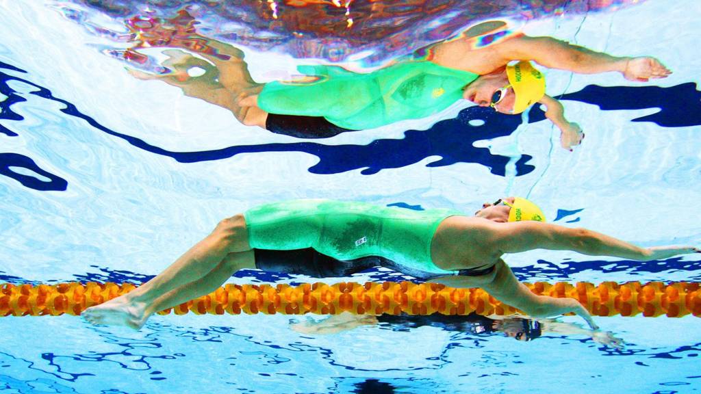 Australia's Belinda hocking and Emily Seebohm compete at the Tollcross International Swimming Centre