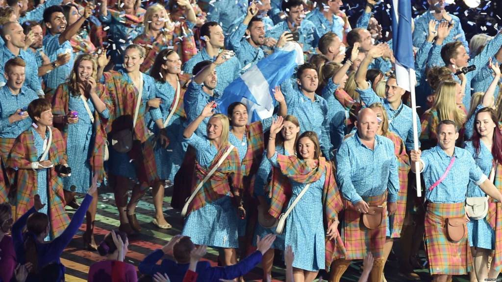 Members of the Scotland deleagtion walk past during the opening ceremony of the 2014 Commonwealth Games at Celtic Park