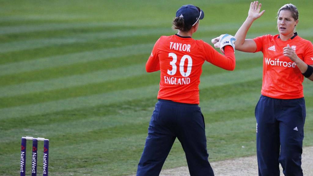 Katherine Brunt of England celebrates taking a wicket