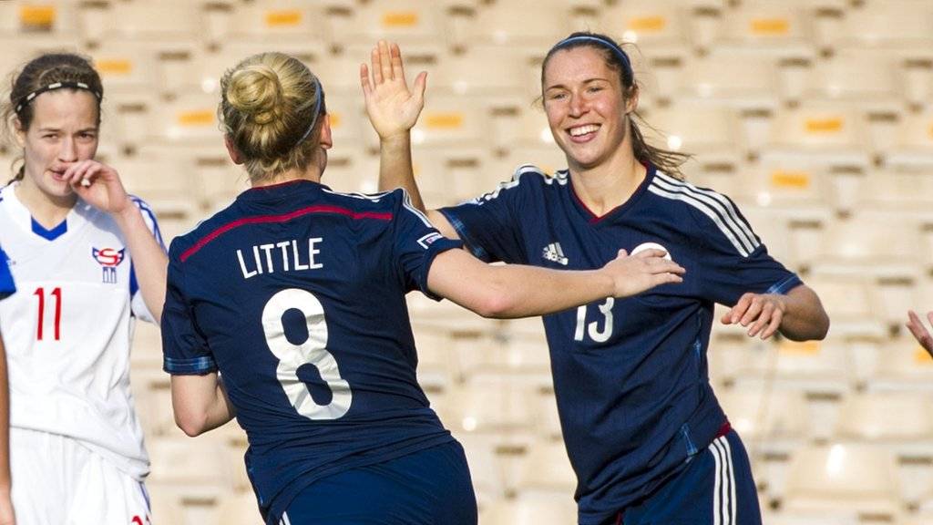 Kim Little rushes to congratulate Scotland team-mate Jane Ross