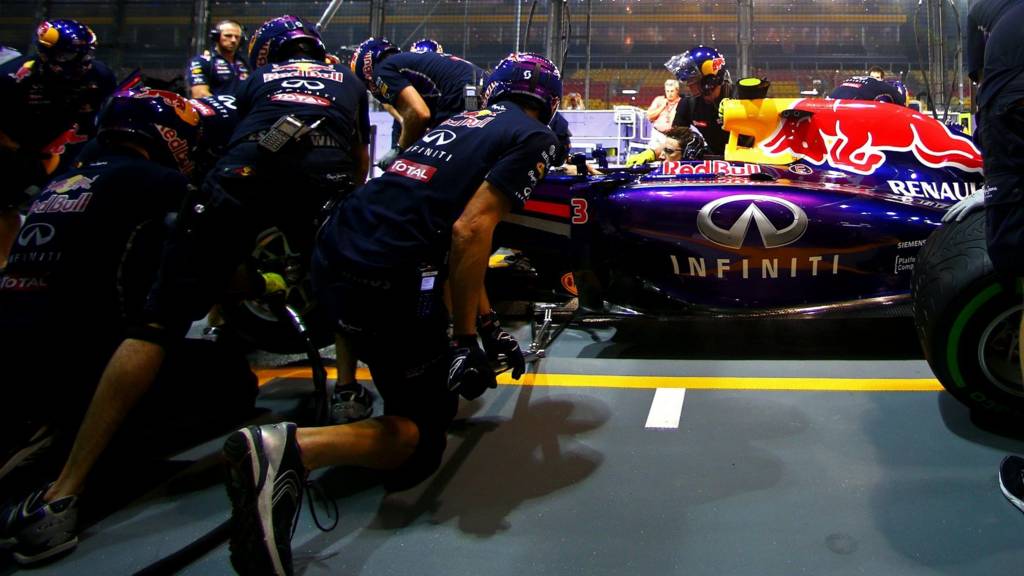 The Red Bull pit crew in action at Singapore