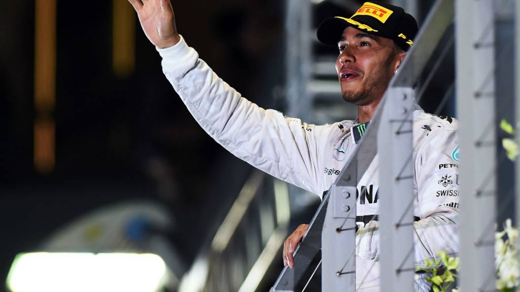 Lewis Hamilton celebrates at the Singapore Grand Prix