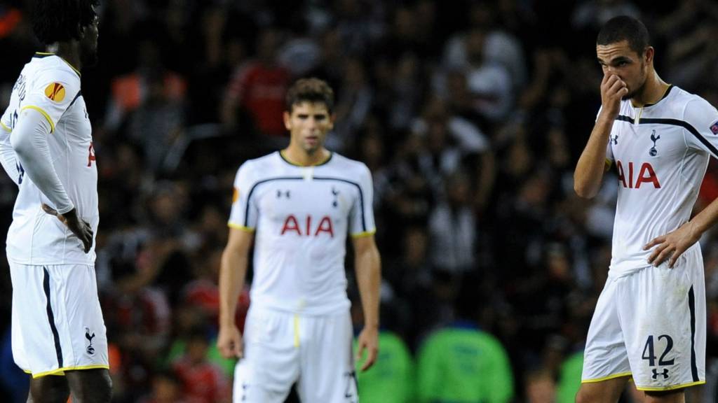 Tottenham players show their disappointment after conceding a late goal