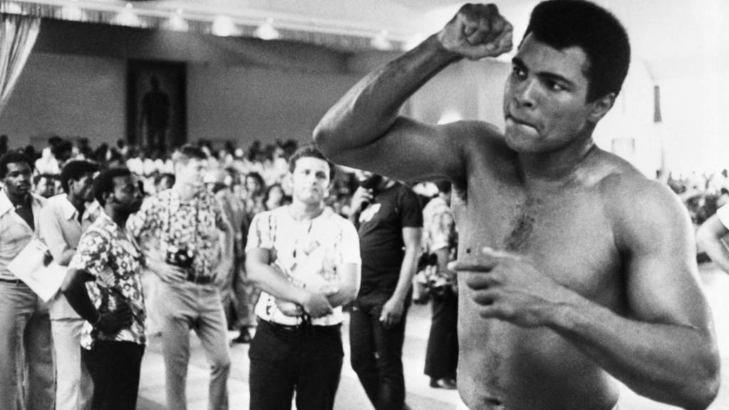 Muhammad Ali trains with a speedball ahead of the Rumble in the Jungle