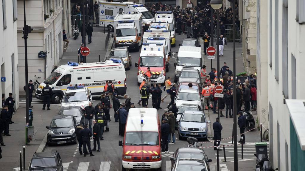 Emergency services in front of the offices of Charlie Hebdo