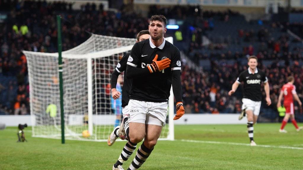 Nadir Ciftci celebrates scoring the winner for Dundee United
