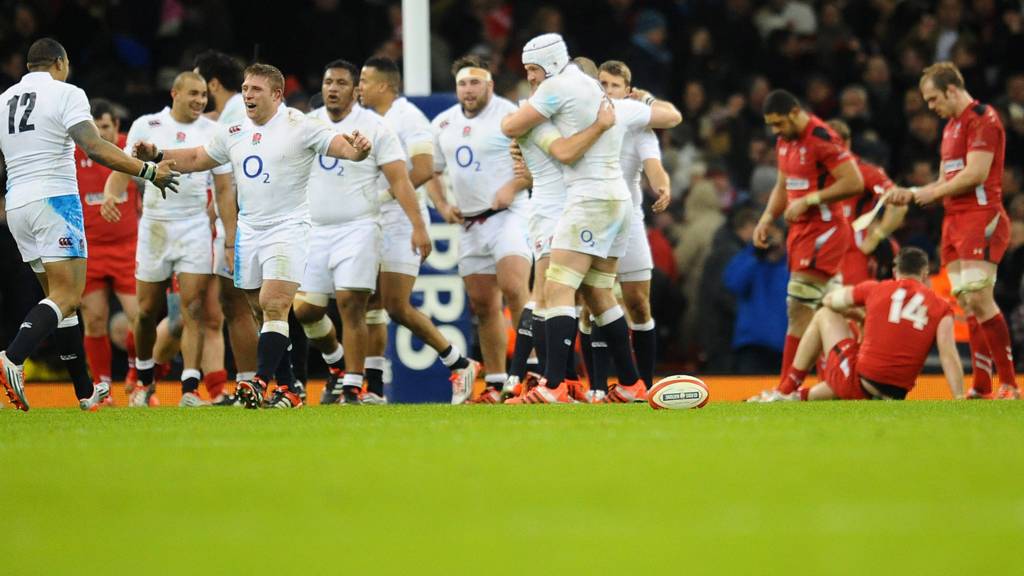 England celebrate their 16-21 win over Wales in Cardiff