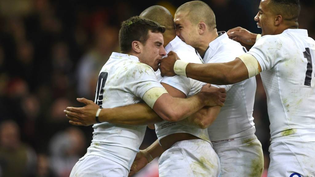 Jonathan Joseph celebrates scoring a try