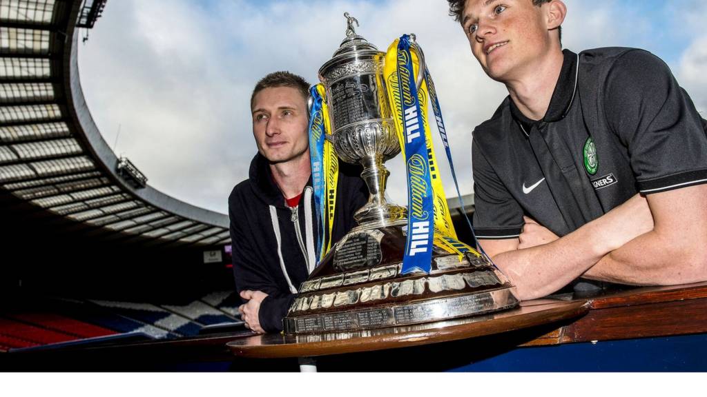 Dundee Utd's Chris Erskine (left) and Celtic's Liam Henderson with the Scottish Cup at Hampden