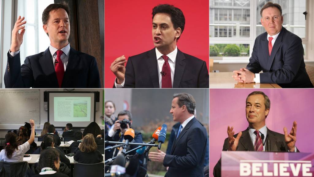 Nick Clegg, Ed Miliband, Lord Fink, school classroom, David Cameron, Nigel Farage