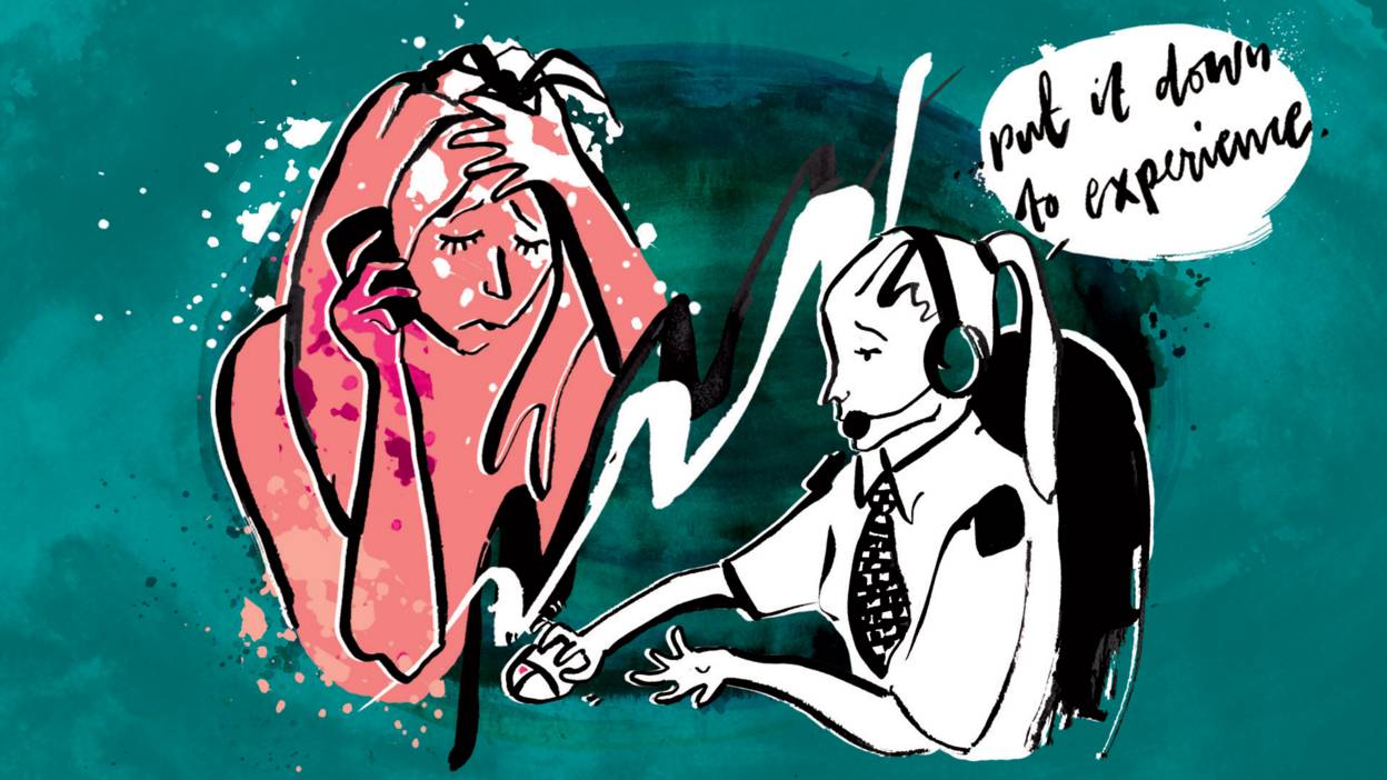 Illustration of woman on the phone to an unsympathetic policewoman
