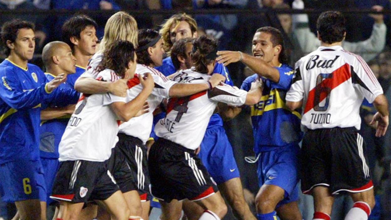 Boca Juniors and River Plate players in a scuffle