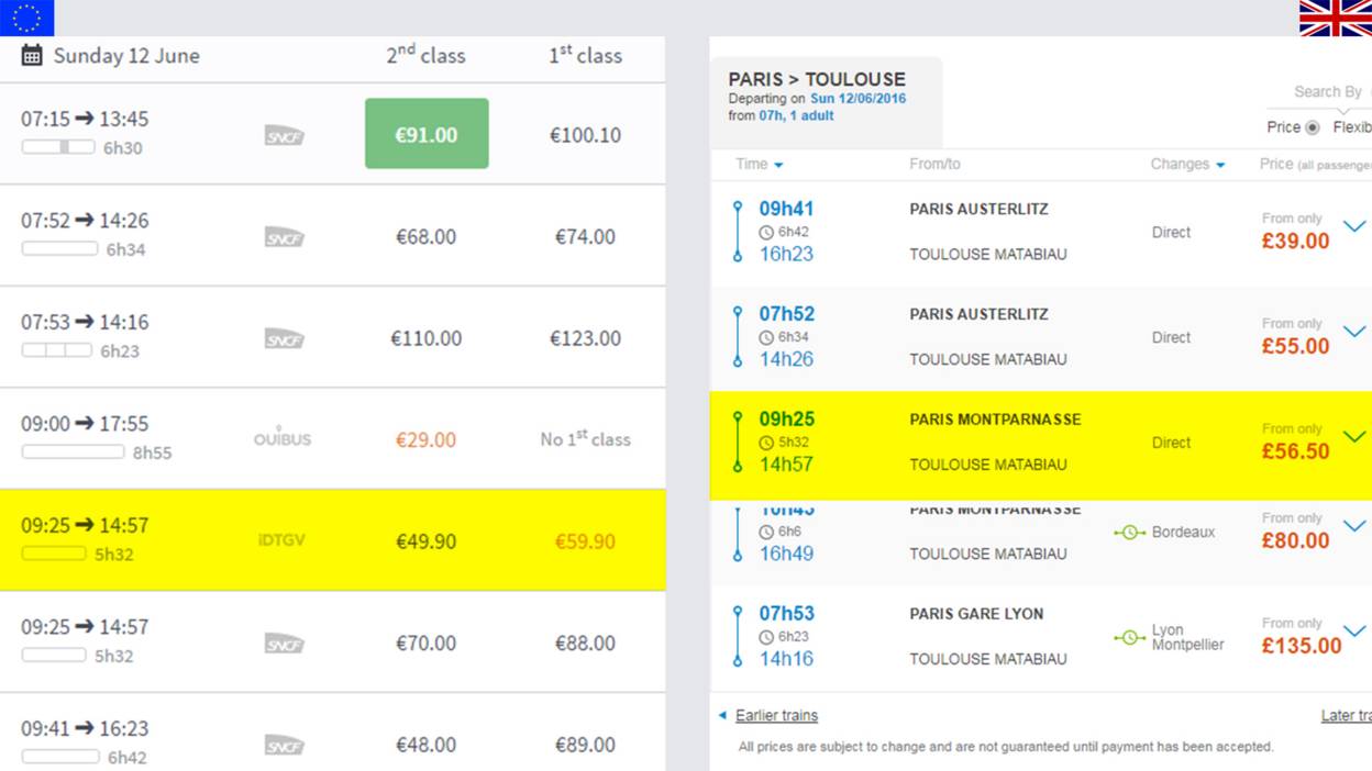Example of how tickets on the French website are much cheaper than the English website