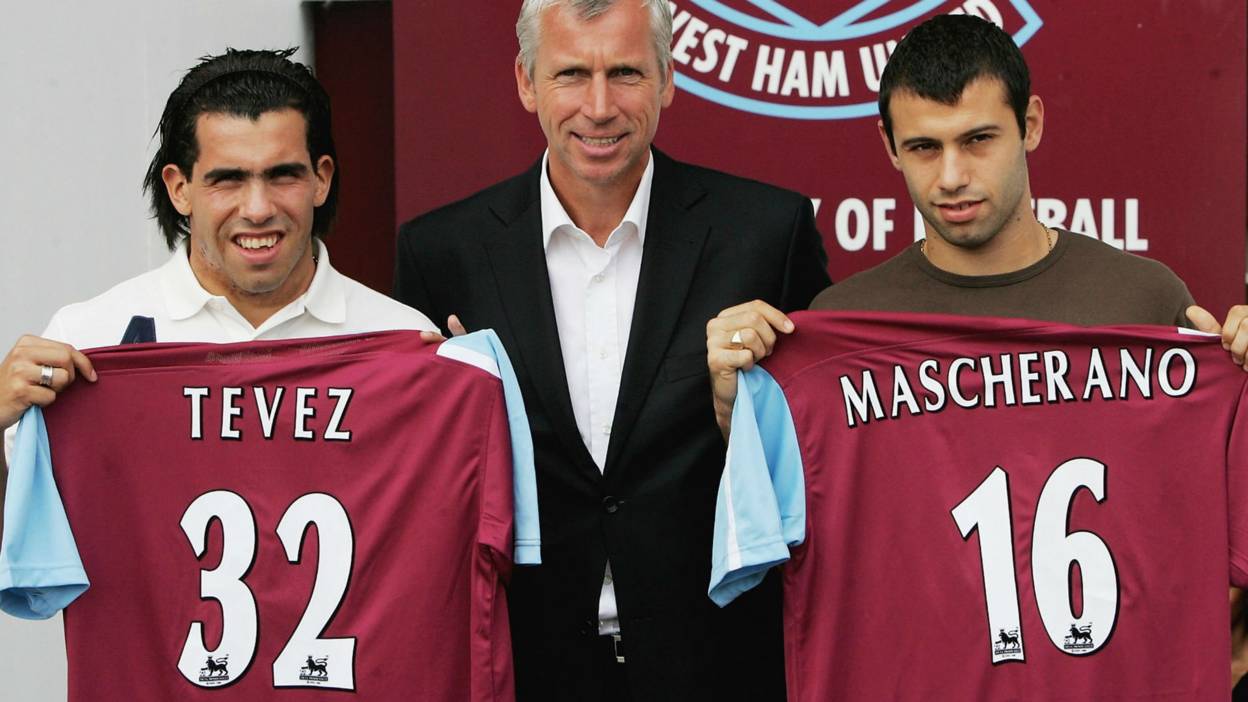 Carlos Tevez, West Ham manager Alan Pardew and Javier Mascherano