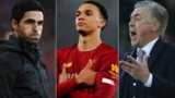 Arsenal manager Mikel Arteta (left), Liverpool right-back trent Alexander-Arnold (centre) and Everton manager Carlo Ancelotti