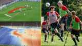 Split image of screen shot of Metrica app and England amputee team in training