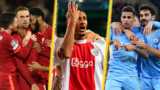 Jordan Henderson and Liverpool celebrate (left), Sebastian Haller (centre) and Joao Cancelo and Manchester City celebrate (right)