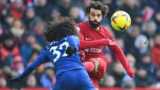 Liverpool's Mohamed Salah defeated Chelsea's Marc Kukurera during the Premier League match between Liverpool FC and Chelsea FC at Anfield on 21 January 2023.