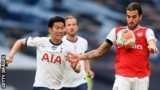 Tottenham forward Son Heung-min (left) battles for the ball with Arsenal midfielder Dani Ceballos (right) in the north London derby