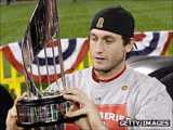 David Freese with the Most Valuable Player trophy