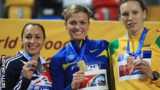 Silver medallist Jessica Ennis of Great Britain, gold medallist Natallia Dobrynska of Ukraine and bronze medallist Austra Skujyte of Lithuania