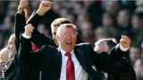 Sir Alex Ferguson celebrates John O'Shea's late winner at Liverpool