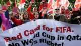 Trade unionists demonstrate in front of Fifa headquarters against the working conditions for the 2022 World Cup in Qatar,