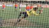 England goalkeeper Ray Clemence saves a penalty during the European Championship match against Spain in Naples, Italy, in 1980