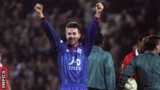 Neil Adams celebrates Oldham's victory over Manchester United in 1993
