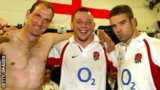 Lawrence Dallaglio, Steve Thompson and Joe Wosley celebrate England's 15-13 win in New Zealand in 2003