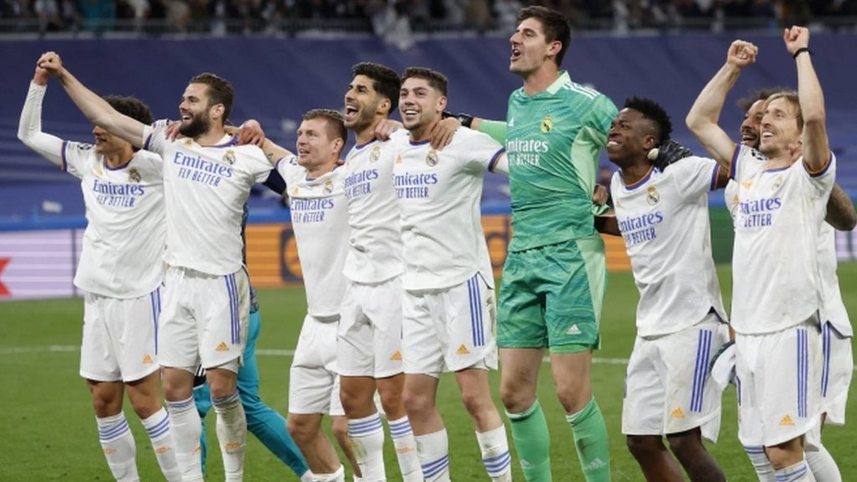 Real Madrid players celebrate after knocking Manchester City out of the Champions League semi-finals
