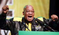 African National Congress (ANC) and South African President Jacob Zuma dances and chants during the closing session of the ANC's National General Council (NGC) in Durban on September 24, 2010.