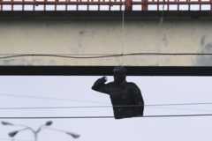 Chỉ còn một phần nửa bức tượng cố tổng thống Hugo Chavez bị treo một cây cầu sau bị bị đốt cháy và đạp đổ vào tối 22/1