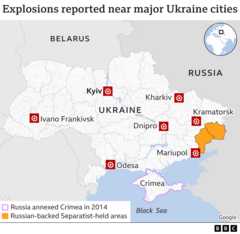 Mappa che mostra i luoghi delle esplosioni segnalate in Ucraina il 24 febbraio 2022