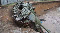 A russian tank in a ditch