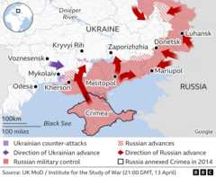 Χάρτης που δείχνει τον έλεγχο της ανατολικής Ουκρανίας