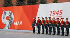 Russian honour guards line up before a military parade on Victory Day