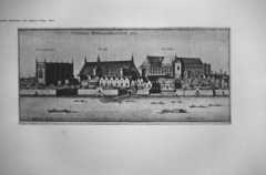 از راست: کلیسای وستمینستر، تالار وستمینستر و پارلمان بریتانیا. تصویری متعلق به قرن ۱۷