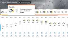Πρόγνωση καιρού που δείχνει πιθανή βροχή από τις 11:00 αύριο στο Westminster για το υπόλοιπο της ημέρας