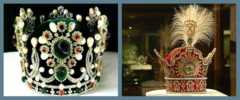 تاج پهلوی (راست) و تاج شهبانو (چپ) هر دو در موزه جواهرات ملی ایران نگهداری میشوند