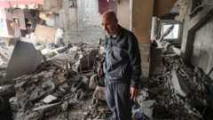 A older man stands, looking shocked, among the rubble of a house