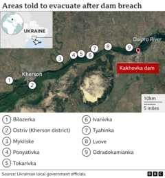 Χάρτης του BBC που δείχνει τις κοινότητες να εκκενωθούν μετά το ρήγμα του φράγματος, με (από τα δυτικά προς τα ανατολικά) τις κοινότητες Bilozerka, Ostriv (περιοχή Kherson), Mykilske, Ponyativka, Tokarivka, Ivanivka, Tyahinka, Lvove και Odradokamianka όλες