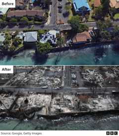 Before and after image showing the seafront has been entirely destroyed, many homes in the first picture are only ashes on the ground and rubble