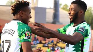 Samuel Chukwueze celebrates his early goal for Nigeria
